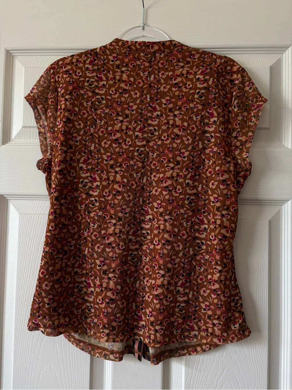 DR2 Brown Floral Button-Front Cap Sleeve Blouse with Pink Accents